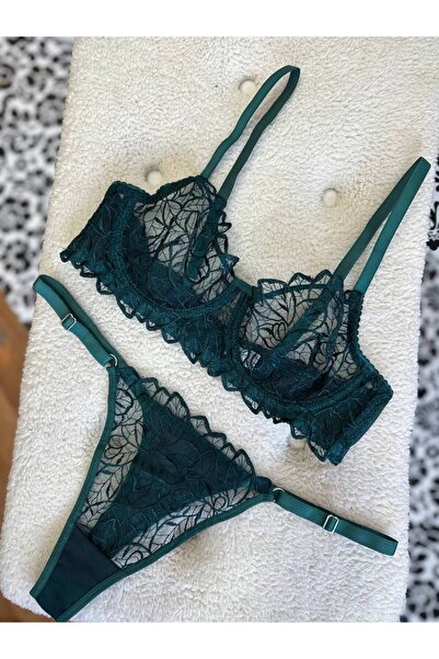 Fanwet Women's Tulle Leaf Pattern Bralette Bra Thong Underwear Set