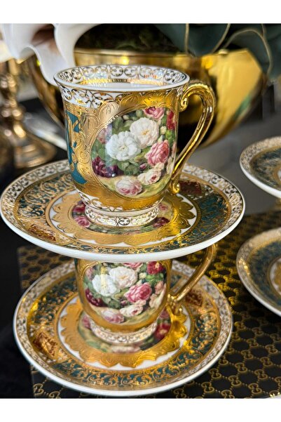 LOKMAN ZÜCCACİYE SHOWROOM Royking 6 Person 24K Gold Plated Special Design Flower Decorated Coffee Cup Set Mdl5