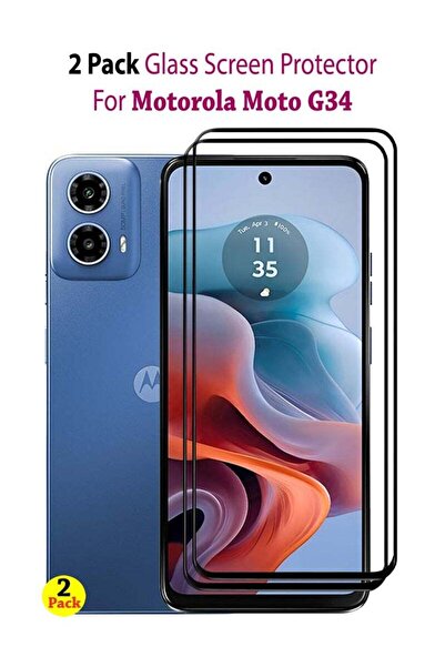 Generic عبوة من قطعتين من واقي شاشة زجاجي مقوى لهاتف موتورولا موتو جي 34 - أسود