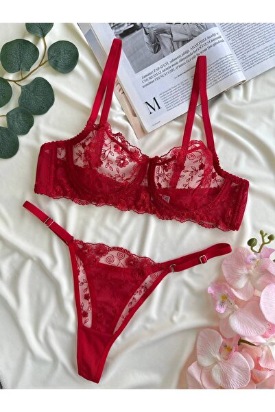 Fanwet Women's Tulle Floral Bralette Bra Thong Lingerie Set