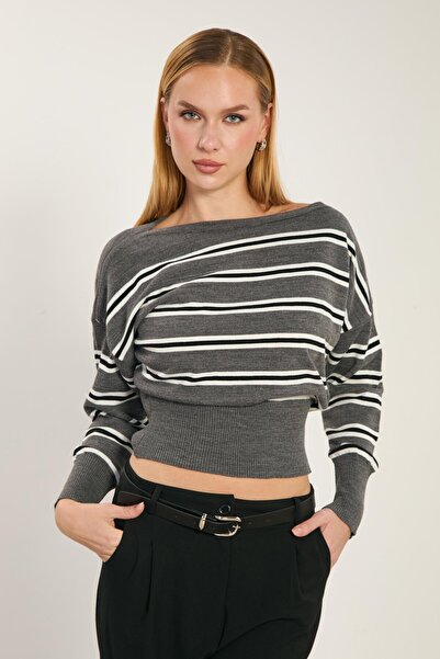 BARRELS AND OIL Women's boat neck striped sweater - anthracite/black/white