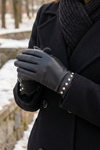 Kapin Kristal Taş Detaylı Suni Deri Kadın Eldiven - Siyah