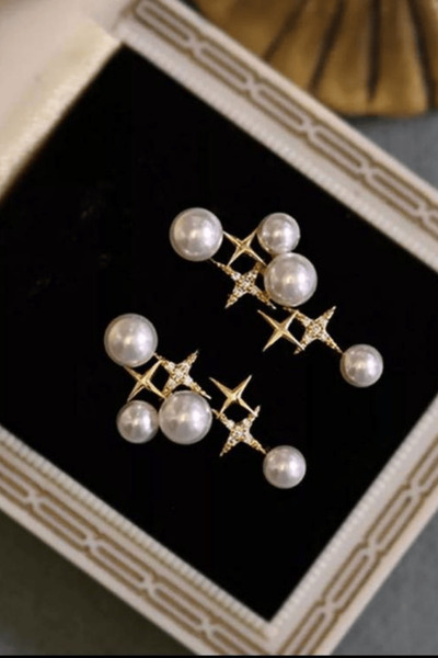 Design 4N Kadın Zirkon Taşlı İncili Çoklu Yıldız Gold Küpe