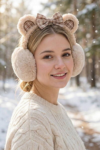 Kapin Plush Bow Ear Warmer Protective Earmuffs - Coffee