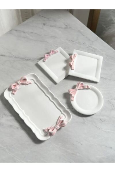 ZarDünya Dekoratif Pembe Kurdele Tepsi Tabak Takı Tepsisi 4'lü takım