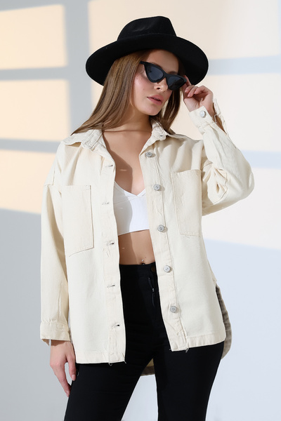 BLUE NATIONAL JEANS Women's Oversized Cut Gabardine Shirt Jacket Beige Light Color Casual Elegance -Bnj4885