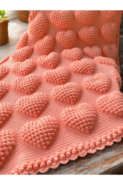 TrendYünEvi El Örgüsü Bebek Battaniyesi (Kalpli Popcorn) (90x90)