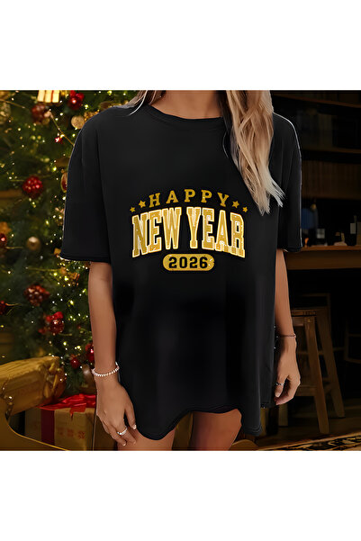 Printiva Zenrova Oversized Christmas 2026 Noel Yilbaşi B Printed Cotton Crew Neck Short Sleeve Black T-Shirt