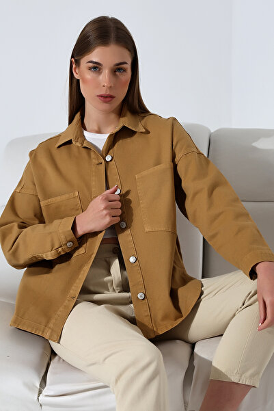 BLUE NATIONAL JEANS Kadın Oversize Kesim Gabardin Gömlek Ceket Camel Renk Gün...