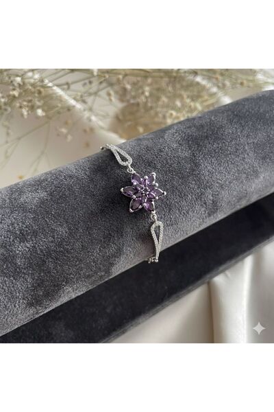 Lovera Jewellery 925 Ayar Gümüş Mor Taşlı Lotus Çiçeği Bileklik | 925 Ayar Gü...