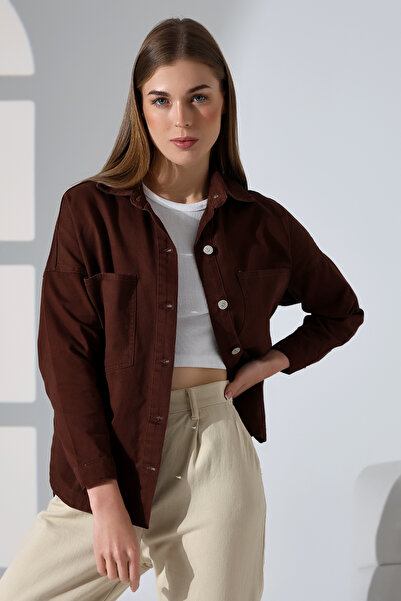 BLUE NATIONAL JEANS Kadın Oversize Kesim Gabardin Gömlek Ceket Kahve rengi Gü...