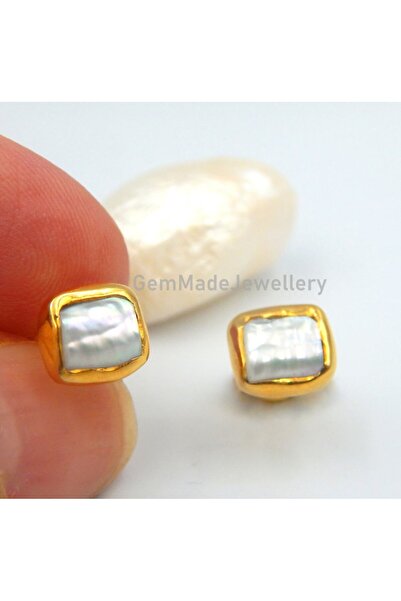 alpsilverart Ham İnci Taşlı El İşi Gümüş Altın Kaplama Otantik Kadın Küpe