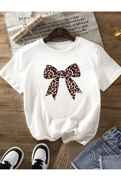 LELVANİ تيشيرت بأكمام قصيرة بنقشة جلد النمر مع تفاصيل فيونكة