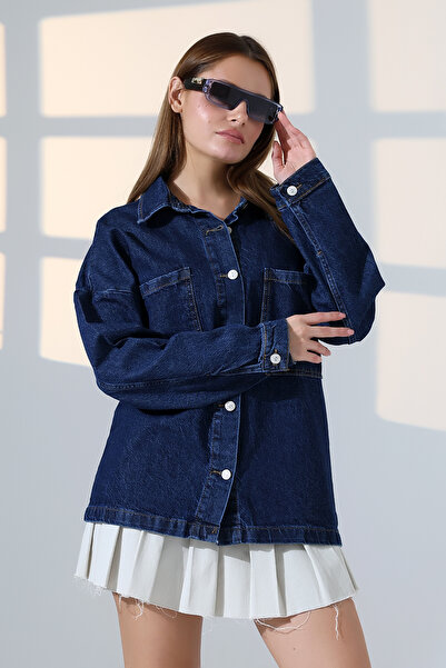 BLUE NATIONAL JEANS Yeni Sezon Oversize Denim Ceket Gömlek Mavi Koyu Enzim Re...