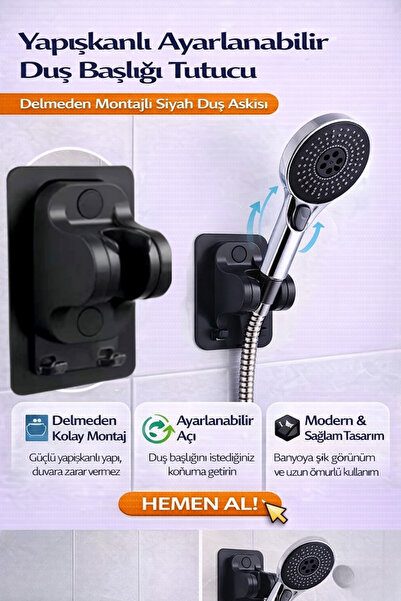Hane Dostu Yapışkanlı Ayarlanabilir Duş Başlığı Tutucu – Delmeden Montajlı Si...