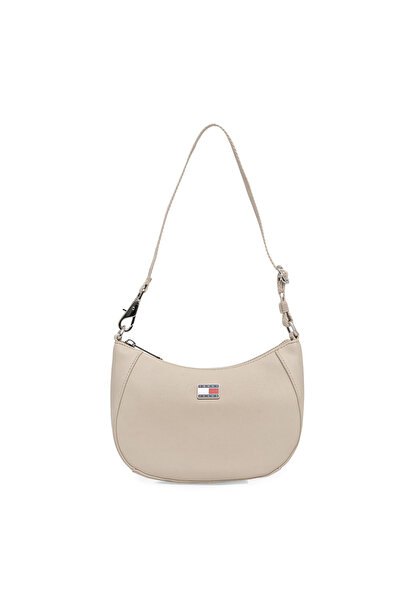 Tommy Hilfiger Kadın Ayarlanabilir Omuz Askılı TH Logo İmzalı Deri Bej Omuz Ç...