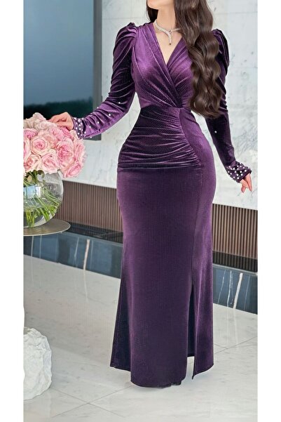 STAYILK DRESSES فستان مخمل بنفسجي بقصّة انيقة وأكمام لؤلؤية من 💜💜