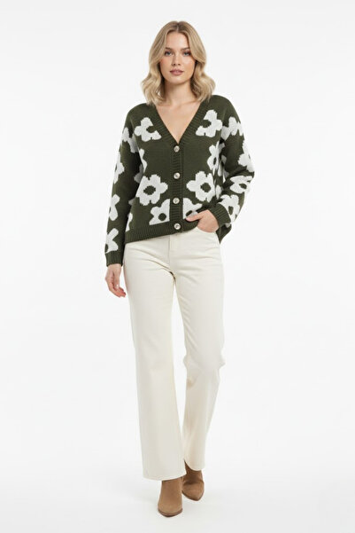 ABAY GİYİM كارديجان نسائي من التريكو بأزرار وياقة على شكل حرف V ونقشة زهور با...
