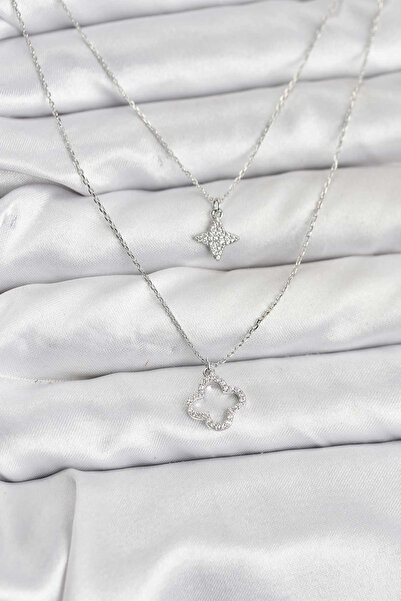 Epilons Bfs Brass Silver Color Clover Model 2-Piece Women's Necklace