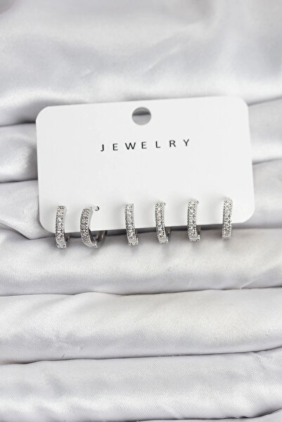 CT STONES Bfs Silver Color Brass Zircon Stone Hoop Women's Earring Set