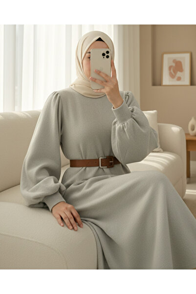 Modamorfo Thick Belted Balloon Sleeve Thessaloniki Dress - Stone