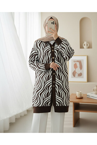 Modamorfo Buttoned Zebra Pattern Bearded Knitwear Cardigan - Brown