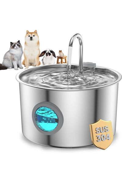 Pomefar نافورة مياه للقطط، سعة 3.2 لتر، مصنوعة من الفولاذ المقاوم للصدأ، مزودة بنافذة لمستوى الماء.