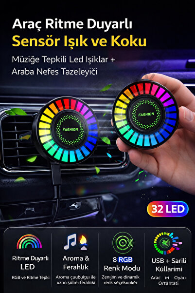 CNGZSHOP Sese Duyarlı Ekolayzer 32 LED RGB Çubuk 8 Mod 18 Renk USB Şarjlı D08...