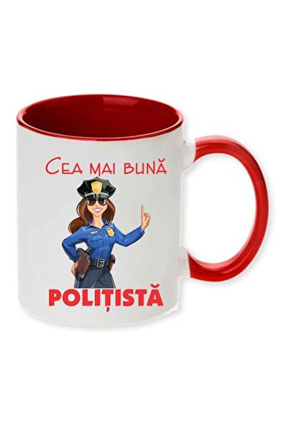 CRD PRINT Cană personalizată cu mâner roșu și textul „Cea mai bună polițistă”