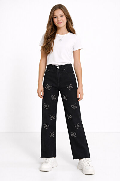 NAWİ 275-12-25 Girl's Black Stone Embroidered Straight Leg Jeans 13/17 Years Old