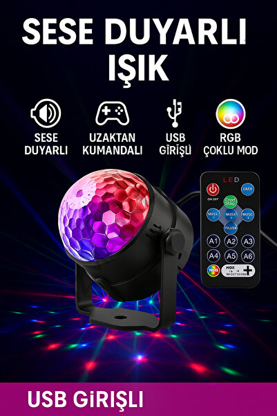 CNGZSHOP Uzaktan Kumandalı Sese Duyarlı USB Girişli Disko Topu RGB Parti Lambası Ev Araç İçin