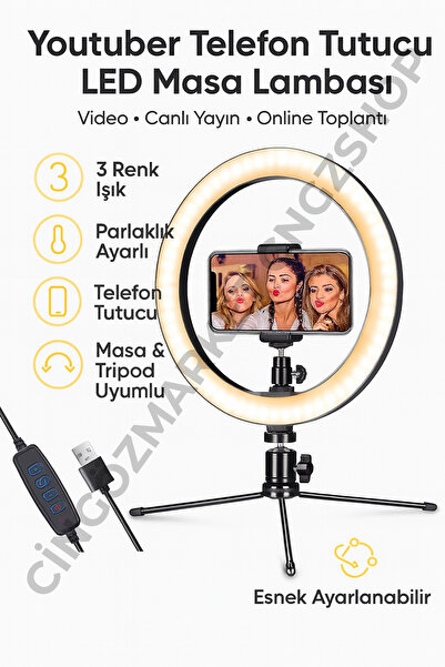CNGZSHOP Masa Üstü Telefon Tutucu Youtuber Masa Lambası 3 Renk Işık Ayarlı Pa...
