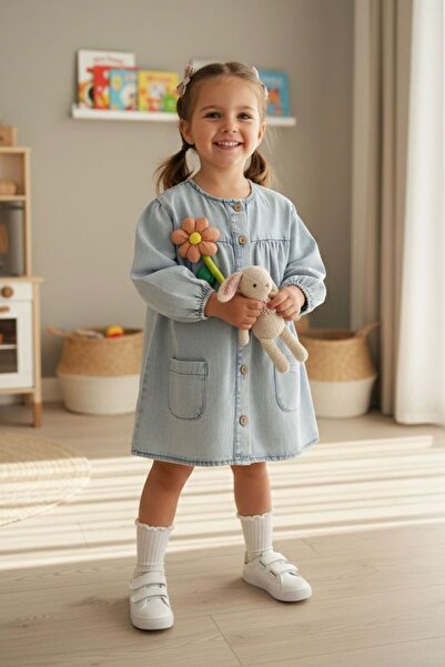 Minigimin Cicileri فستان بناتي من الدنيم مزين بزهور وأزرار وجيوب - أزرق ثلجي