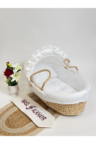 WASL ALKHAIR مهد مواليد سلة موسى خسف بتصميم انيق وقماش لون أبيض ومريح للأطفال