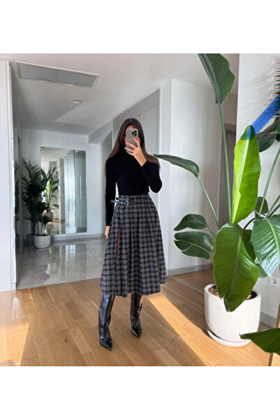 SimbaButik Ekoseli Yırtmaçlı Trend Etek