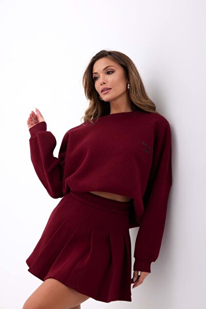 ibeeka Burgundy color Fleece-Lined sweatshirt skirt bottom top set
