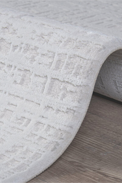 Lexa White Fringed Modern Carpet Antiallergic Patterned Soft Easy to Clean Li...