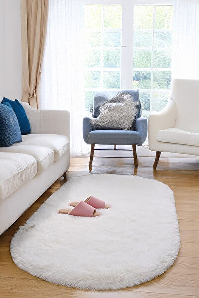 Lexa Beyaz Oval Peluş Halı Kaymaz Taban Tüy Bırakmaz Tozumaz Yumuşak Salon Ço...