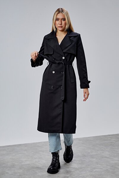 Bolivente معطف طويل أسود بتصميم عادي مع تفاصيل مقاومة للرياح 46636