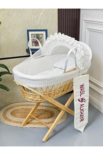 WASL ALKHAIR مهد مواليد سلة موسى خسف قماش لون أبيض بتصميم أنيق مع حامل قاعدة ...