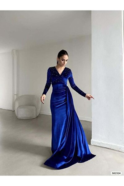 Modafeminen Kadife Esnek Kumaş Kruvaze Yaka Ön Kol İnci Detaylı Kuyruklu Abiy...