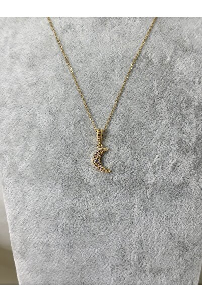 divakse قلادة فولاذية على شكل هلال مرصعة بحجر الزركون موديل ذهبي