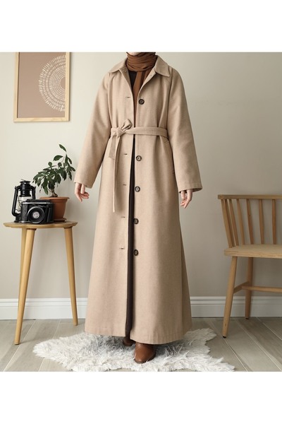 Raqqa Oxford Kaban - Kahverengi- Uzun Tesettür Kaşe Kaban