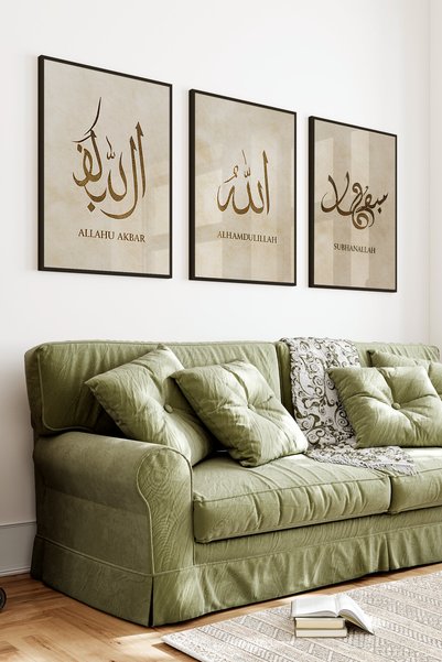 kutuTR Siyah Çerçeveli 2D UV Baskı 3’lü MDF Tablo Set – Krem Bej Dokulu Zemin...