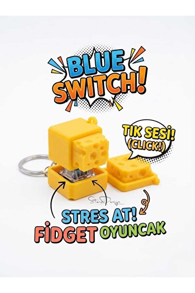 SteraDesign Peynir Tasarımlı Mekanik Klavye Blue Switch Anahtarlık Hediyelik - Sesli Stres Oyuncağı (Fidget Toy)