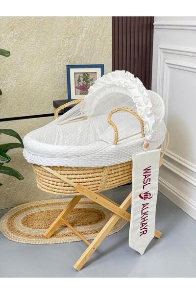 WASL ALKHAIR مهد مواليد سلة موسى خسف قماش لون أبيض بتصميم أنيق مع حامل قاعدة اكس خشبي