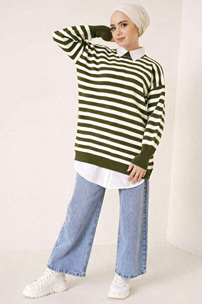 Tesettür Diyarı Ριγέ Πλεκτό Πουλόβερ Χιτζάμπ - Πράσινο Στάνταρ (Συμβατό με με...