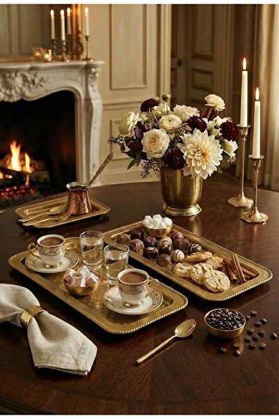 Yavuzhan Metal Gold 2’li Dikdörtgen Dekoratif Servis Tepsisi – Şık Sunum & Or...