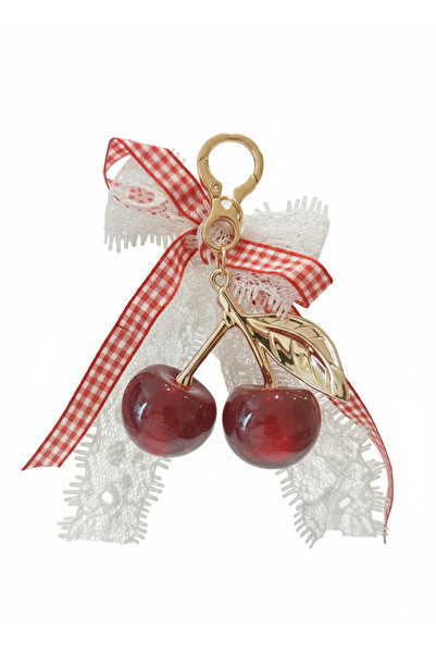 burjalmodah تعليقة وميدالية كرز أحمر لامع بفيونكة قماش ودانتيل فاخر