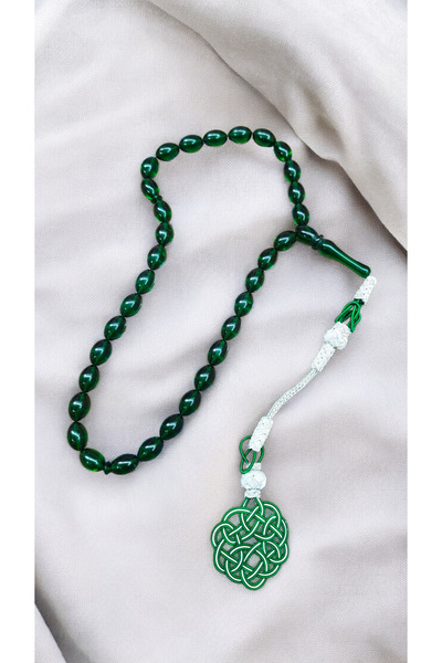 İnan Tesbih Fire Amber Green Color Barley Cut Kazaz Tassel Prayer Beads